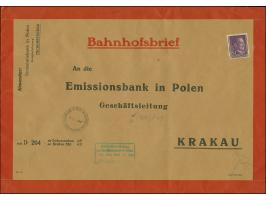 1943, Hitler 80 Groszy, sauber mit Stempel “TSCHENSTOCHAU 28.8.43” auf großformatigem Bahnhofsbrief an die Emissionsbank in K