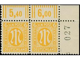 1945, Deutscher Druck, 6 Pfg., gez. 11, waagerechtes Paar aus der rechten oberen Bogenecke mit schwarzer, dreistelliger Bogen