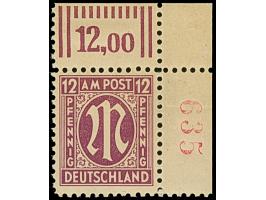 1945, Deutscher Druck, 12 Pfg., gez. 11, rechte obere Bogenecke mit roter, dreistelliger Bogenzählnummer “635”, postfrisch, n