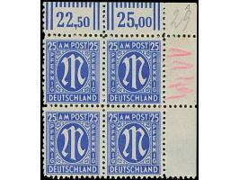 1945, Deutscher Druck, 25 Pfg., gez. 11, Viererblock aus der rechten oberen Bogenecke mit handschriftlicher, roter, vierstell