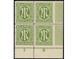 1945, Deutscher Druck, 30 Pfg. dunkelgrünoliv, gez. 11:11½, Viererblock aus der rechten unteren Bogenecke, rechts ungezähnt, 