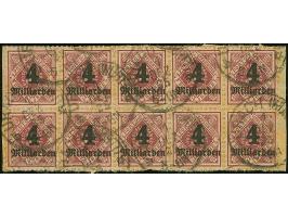1923, 4 Mrd. auf 50 Pfg., karmin, waagerechter 10er-Block, mit EKr. “URACH (WÜRTT)” 1 DEZ 23 auf Briefstück, die Marken etwas