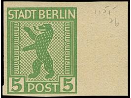 5 Pfg. mit waagerechter Gummiriffellung, voll-bis breitrandig ungezähnt, rechts mit breitem Bogenrand (hierauf entfernbare Bl