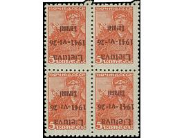 1941, 5 K. dunkelbräunlichrot, braunlila, kopfstehender Aufdruck, Viererblock mit Aufdruck von den Druckfeldern 33-34 und 43-