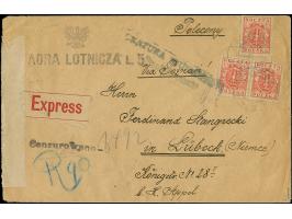 1919, Coat of arms 15 f. red, horizontal strip of five, of three, two horizontal pairs and single, tied by cds. “DZURYN 4 XII