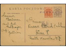 “PODHAJCE”, violet straight-line on postal stationery card 15 f. with additional franking to Vienna with Krakow censorship al