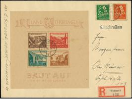 1946, Brückenbau-Block mit 12 Pfg. rot , mit echtem Vor-Ersttagsstempel “WEIMAR 3 29.3.46” auf Orts-R-Brief, mit Ankunftstste