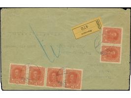 1918, Emperor Charles I. 15 h., horizontal strip of four and horizontal pair, tied by cyrillic cds. “BUCZACZ 14.III.19” to re