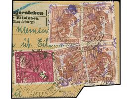 “29/(Ostingersleben)Eilsleben a” in violett &nbsp;auf 4 Werten 60 Pfg. braun, mit 40 Pfg. 29/Eilsleben auf Paketkartenausschn