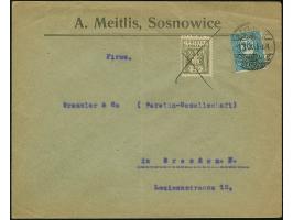 1920, Ziffern 20 Pfg. blau mit Stempel “KATTOWITZ 2.3.20” auf Firmenbrief aus Sosnowice nach Dresden, offen aufgeliefert, pol