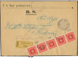 1919, 5h. red, horizontal strip of five, position 71-75, tied by cds. “KRAKAU 4.II.19” to local registered cover with return 