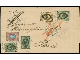 1866/68, 3 k. black/green on vertically laid paper (three singles), together with horizontally laid paper 1 k. black/yellow a