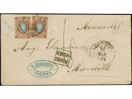 10 k. brown/blue, two singles tied by cds “ODESSA 15 MAY. 1874” to 2nd weight step envelope to Marseilles, underfranked by 6 