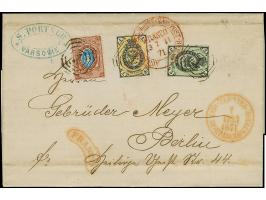 1866, Coat of Arms 1 k. black/orange yellow, 3 k. black/green and 10 k. reddish brown/blue, fresh colours, neatly tied by Pol