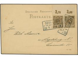1890, Krone/Adler 3 Pfg. im waagerechten Oberrand-Paar mit klarem Rahmenstempel “SEEHAUSEN KR. WANZLEBEN 22.3.93” auf Postkar