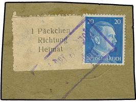 1943, Krim Zulassungsmarke in Type I &nbsp;und Hitler 20 Pfg. mit übergehendem Rahmenstempel “Bei der Feldpost eingeliefert” 