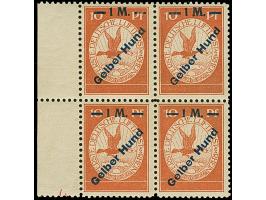 Gelber Hund 1 M. im Viererblock vom linken Bogenrand, farbfrisch und sehr gut gezähnt, die oberen Werte ungebraucht (winzige 