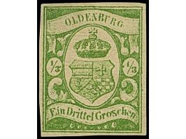 1861,⅓ Gr. moosgrün, farbfrisch und allseits voll- bis breitrandig geschnitten, ungebraucht mit Originalgummierung und in tad