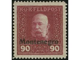 1918, nicht ausgegebene Werte mit waagerechtem schwarzen Aufdruck "Montenegro": 3 Heller im waagerechten Paar und 5 Heller-90