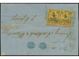 1864, Turkey 20 pa. black on yellow third printing on thick paper, a fine horizontal pair with good to wide margins, tied to 