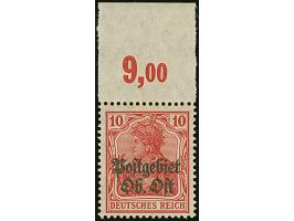 1918, Germania 10 Pfg. dunkerot (dunkelzinnoberrot quarzend), Plattendruck-Oberrandstück, postfrisch, tadellos, unsigniert, s