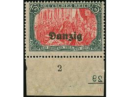 1920, Germania 5 M., Unterrandstück mit Plattennummer, durch Bogenumschlag zwischen dem Druck- und Zähnungsvorgang ist der Kl