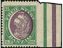 1921, Kogge 25 Pfg., Probedruck in grün/violett, mit rechtem Seitenrand, postfrisch, nur dieser mit Einriss, Marke tadellos, 