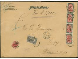 1915, 5 M. im waagerechten 4er-Streifen (etwas angetrennt), zusammen mit 3 M. und Germania 10 Pfg. auf um 1 Mark unterfrankie