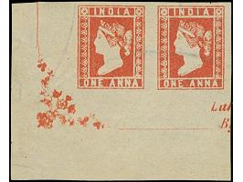 1854/55, Die II, 1 a. deep red, horizontal pair from the lower left sheet corner with ornament and small part of marginal ins