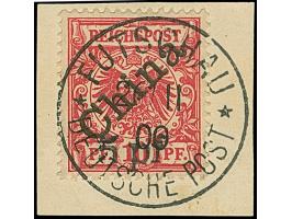 1900, Futschau Provisorium mit diagonalem Aufdruck 5 pf. auf 10 Pfg., sauber mit klarem EKr. “FUTSCHAU 26/11 00” auf Briefstü