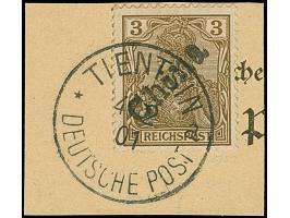 1900, Handstempel 3 Pfg., farbfrisch und gut gezähnt, sauber mit Stempel “TIENTSIN 4/2 01” auf Briefstück, tadellos, Fotoatte