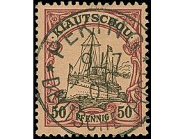 PETSCHILI: Kiaoutschou 50 Pfg. dunkelbräunlichlila/rotschwarz, farbfrisch und gut gezähnt, sauber mit EKr. “PEKING 9/7 01" en