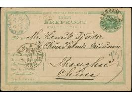1879/83, UPU stationery card 15 (femton) green, neatly used with cds “STOCKHOLM 15 10 90” to Shanghai with transit and arriva