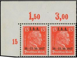 1927, I.A.A. 8-25 Pfg., jeweils aus der linken oberen Bogenecke, dabei 8 Pfg. und 15 Pfg. mit Aufdruckfehler '0 links abgesch