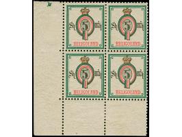 1879, 5 M. mehrfarbig, Viererblock aus der linken unteren Bogenecke, farbfrisch und gut gezähnt, die oberen Marken sowie im R