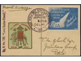 Indien: 1937, Rakete Nr. 130 “Lord Baden-Powell” vom 3.2., farbige Vordruckkarte mit blauer Vignette und violettem Sonderstem