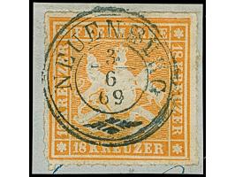 1865, Wappen 18 Kr. orange, farbfrisch und gut durchstochen, links winzig uneben, sauber mit fast zentrischem DKr. “NEUENBURG