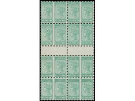 1883/99, ½ d. , coulor trial in green, 8 pairs, imperforated between, in gutter block (folded at gutter), mint never hinged, 