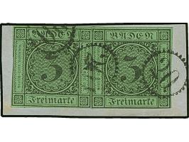 3 Kr. auf grün, 2 Einzelwerte in ausgabetypischem Schnitt, mit dreimal aufgesetztem Uhrradstempel “20” auf kleinem Briefstück