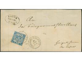 "STRASBURG-MÜHLACKER 15 JUN Z6", EKr. sauber auf- und nebengesetzt auf 1868, 7 Kr. blau, auf Briefvorderseite mit anhängender