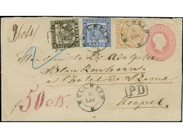 1 Kr. schwarz, 6 Kr. ultramarin und 9 Kr. fahlbraun mit DKr. "MÜLHEIM 6. Nov." (1868) als Zufrankatur auf Ganzsachenumschlag 