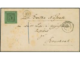 3 Kr. auf grün, voll- bis breitrandig, mit zentrisch auf- und zusätzlich nebengesetztem Uhrradstempel "10" (Kuppenheim) und n