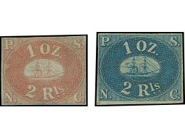 1863, Pacific steam navigation company 2 r. blue and carmine on white paper, reprints of 1863, one with full, the other with 