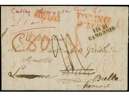 1847, “TORINO 3. LUG” on folded letter forwarded to Bäle and again to Biella (Piemont), with black “VIA DI GANOBBIO”, red “DO
