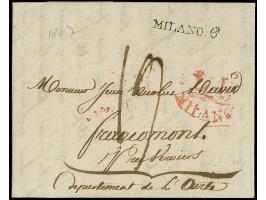 1807, “MILANO 6” in black, together with red “LL MILANO” on complete folded letter via Paris and Verviers to Franchimont, rat
