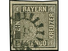 1 Kr. schwarz, Platte 2, Plattenfehler 'Ausbuchtung der Rahmenlinie bei E', farbfrisch und voll- bis breitrandig, sauber entw