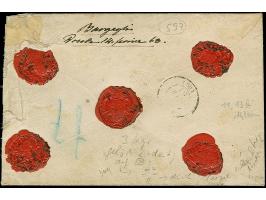 10 Ngr. milchblau, voll-bis breitrandig, zusammen mit leicht berührter 3 Ngr. auf gelb (kleiner Randspalt), mit auf- und nebe