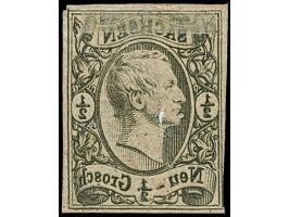 Probedruck ½ Ngr. auf dünnem grauen Pergamentpapier, kleine Beschädigung im Medion (wahrscheinlich durch ausgefallenen Fremdk