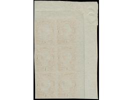 1 Ngr., Probedruck in zinnoberrot, 6er-Block aus der linken oberen Bogenecke, mit breiten Bogenrändern, ungummiert. Eine selt