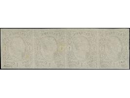 Probedruck der verstählten Druckplatte: &nbsp;1 Ngr. auf weißem Papier, waagerechter Viererstreifen, voll- bis breitrandig, u